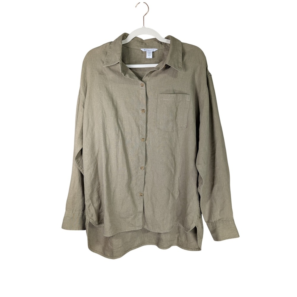 Athleta Linen Button Down Shirt Womens L Olive Green Long Sleeve